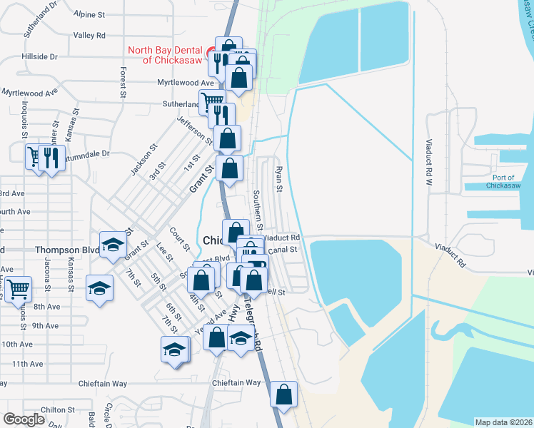 map of restaurants, bars, coffee shops, grocery stores, and more near 41 Gulf Street in Chickasaw