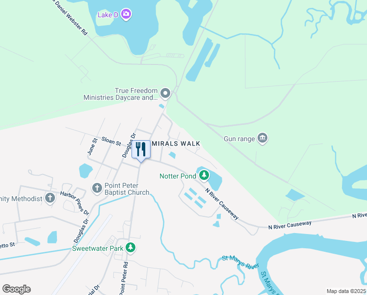 map of restaurants, bars, coffee shops, grocery stores, and more near 304 Admiral's Walk Drive in St. Marys