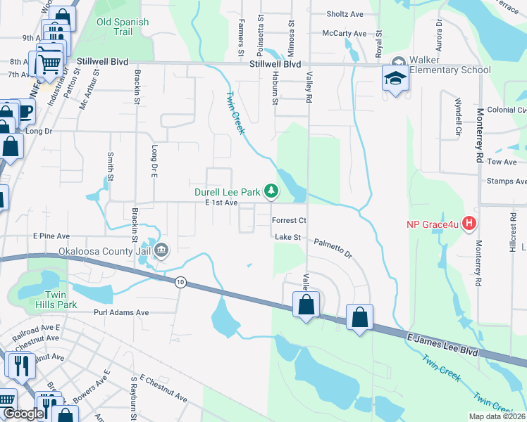 map of restaurants, bars, coffee shops, grocery stores, and more near 108 Lake Street in Crestview