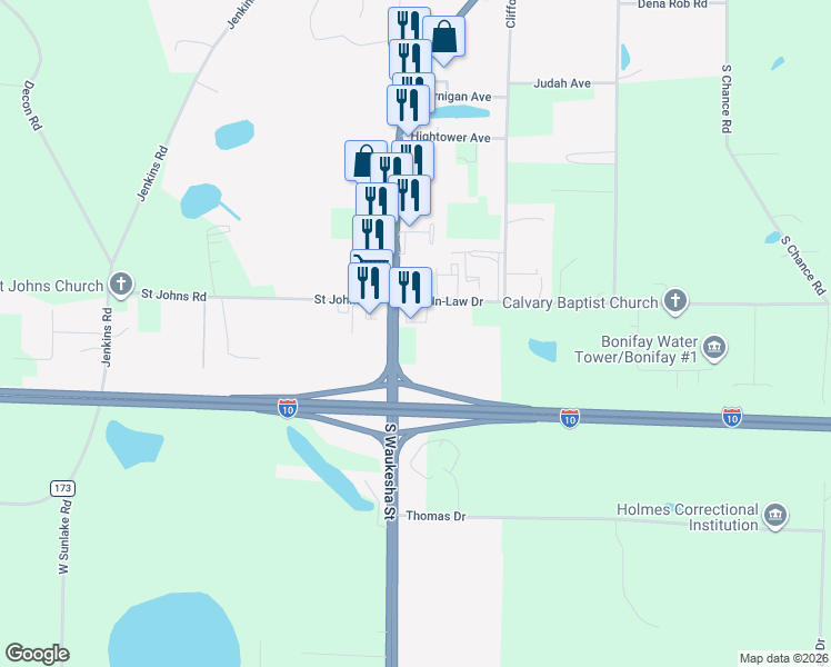 map of restaurants, bars, coffee shops, grocery stores, and more near South Waukesha Street in Bonifay