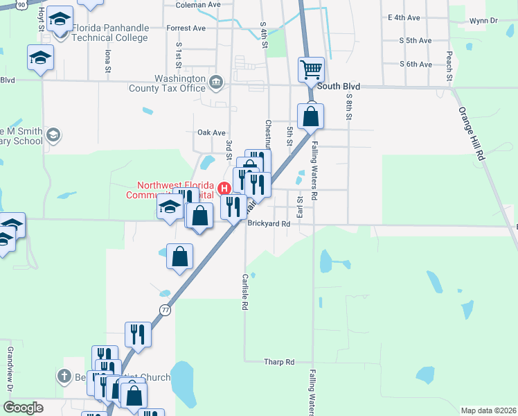 map of restaurants, bars, coffee shops, grocery stores, and more near 1243 Main Street in Chipley