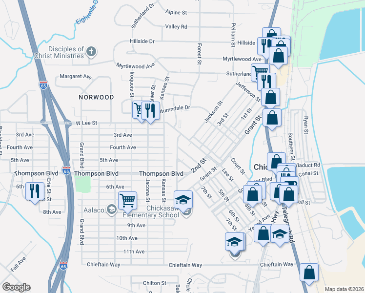 map of restaurants, bars, coffee shops, grocery stores, and more near 114 Johnston Street in Chickasaw