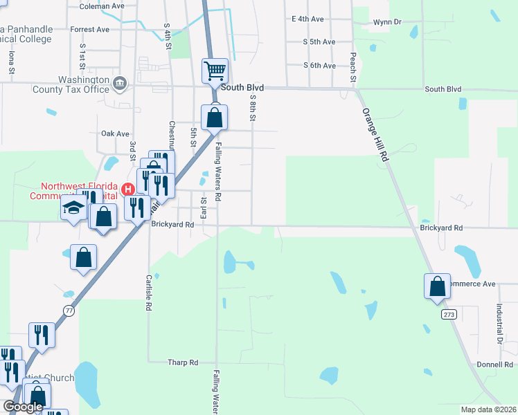 map of restaurants, bars, coffee shops, grocery stores, and more near 1254 Brickyard Road in Chipley