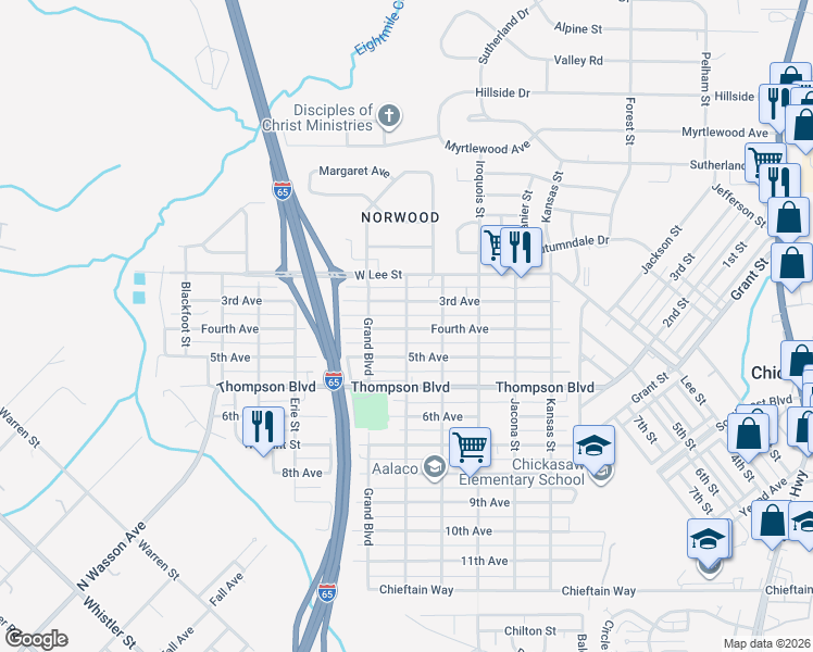map of restaurants, bars, coffee shops, grocery stores, and more near 307 4th Avenue in Chickasaw