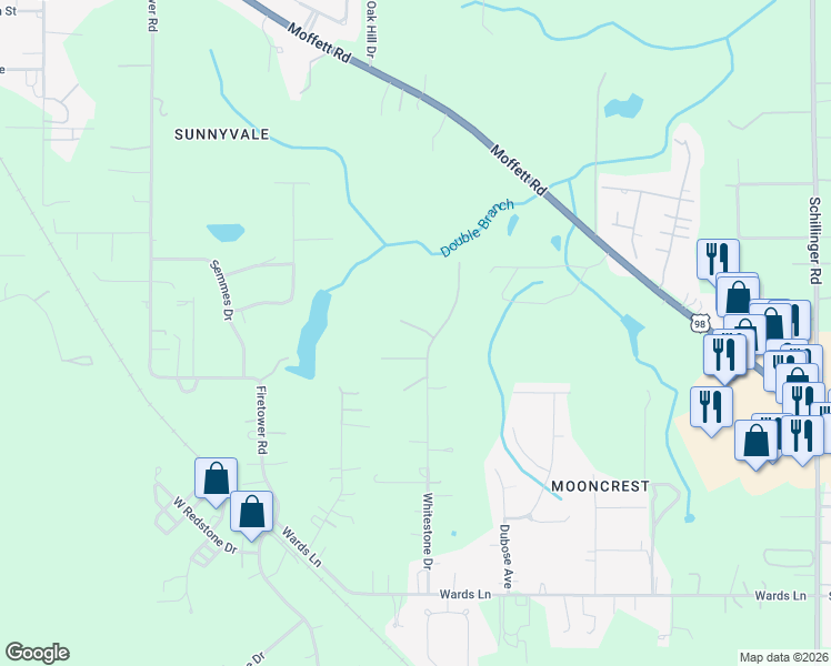 map of restaurants, bars, coffee shops, grocery stores, and more near 8431 Whitestone Place in Semmes