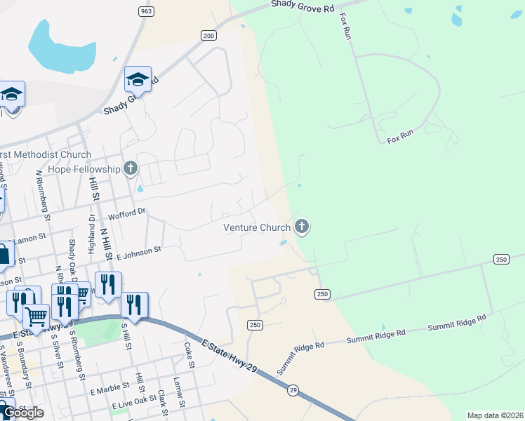 map of restaurants, bars, coffee shops, grocery stores, and more near 1703 Wofford Drive in Burnet