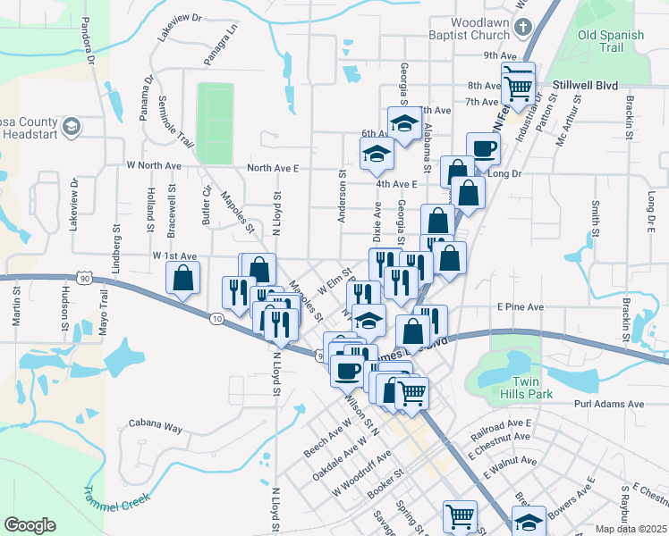 map of restaurants, bars, coffee shops, grocery stores, and more near 1001 North Pearl Street in Crestview