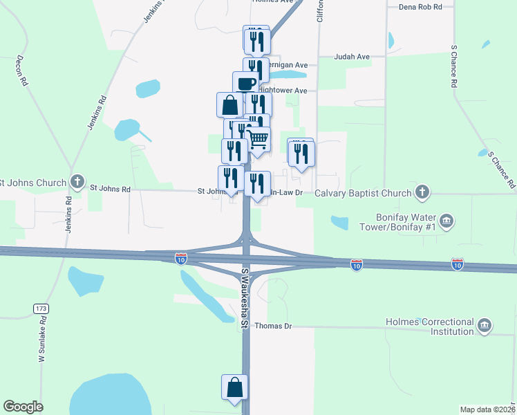 map of restaurants, bars, coffee shops, grocery stores, and more near 15 Son-In-Law Drive in Bonifay