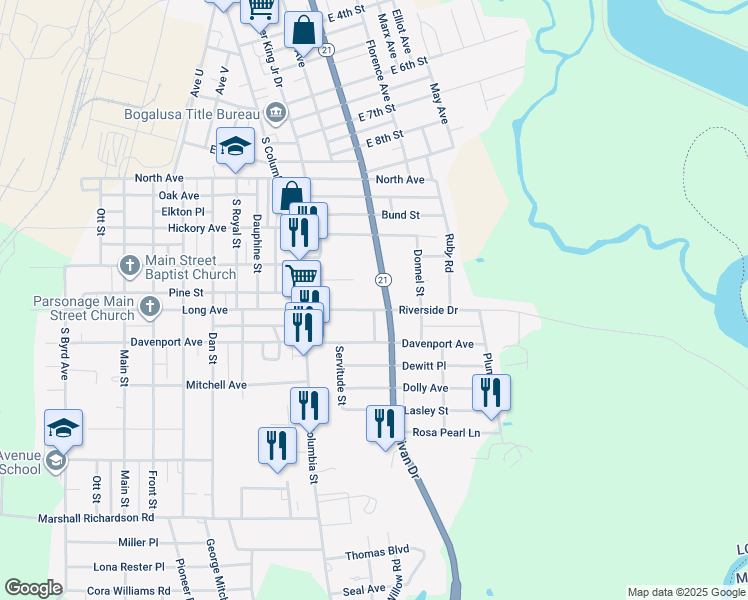 map of restaurants, bars, coffee shops, grocery stores, and more near 1738 Riverside Drive in Bogalusa