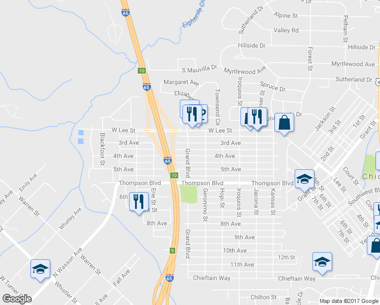 map of restaurants, bars, coffee shops, grocery stores, and more near 314 4th Avenue in Chickasaw