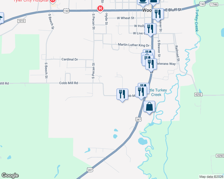 map of restaurants, bars, coffee shops, grocery stores, and more near 126 Cobb Mill Road in Woodville