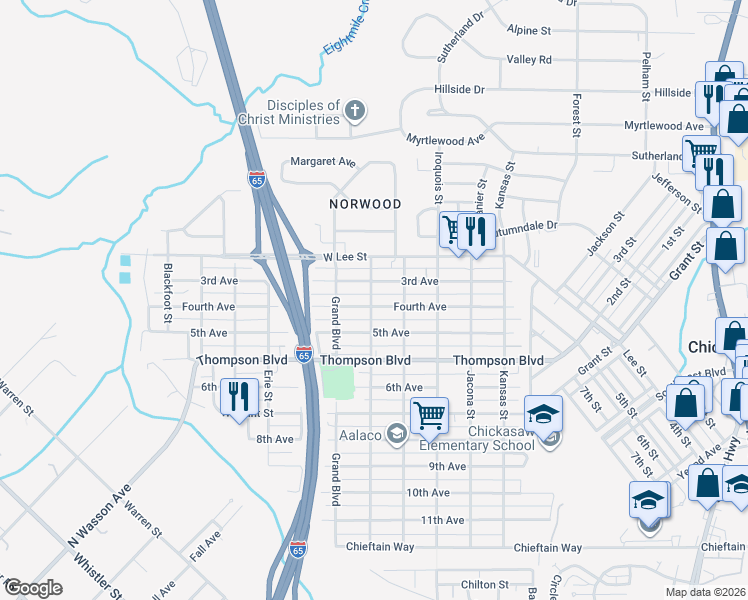map of restaurants, bars, coffee shops, grocery stores, and more near 307 4th Avenue in Chickasaw
