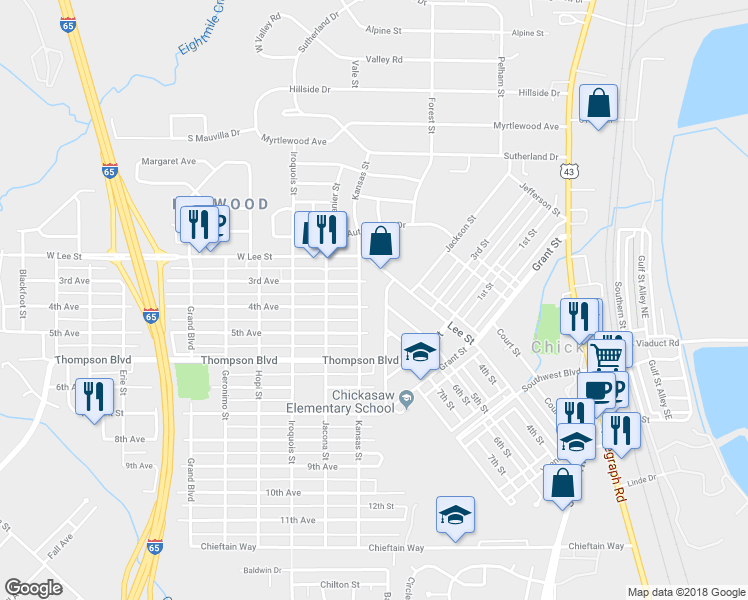 map of restaurants, bars, coffee shops, grocery stores, and more near 66 4th Avenue in Chickasaw