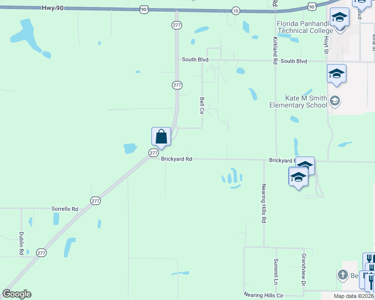 map of restaurants, bars, coffee shops, grocery stores, and more near 1652 Brickyard Road in Chipley