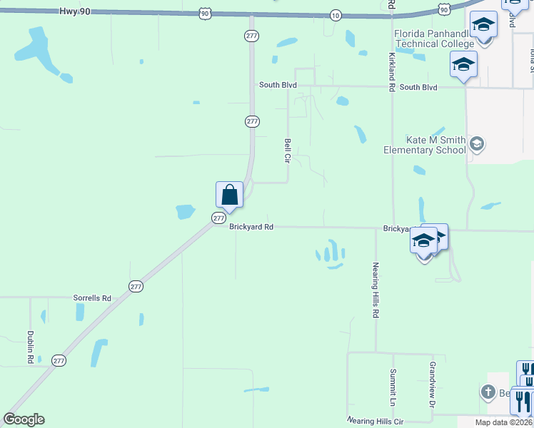 map of restaurants, bars, coffee shops, grocery stores, and more near 1652 Brickyard Road in Chipley