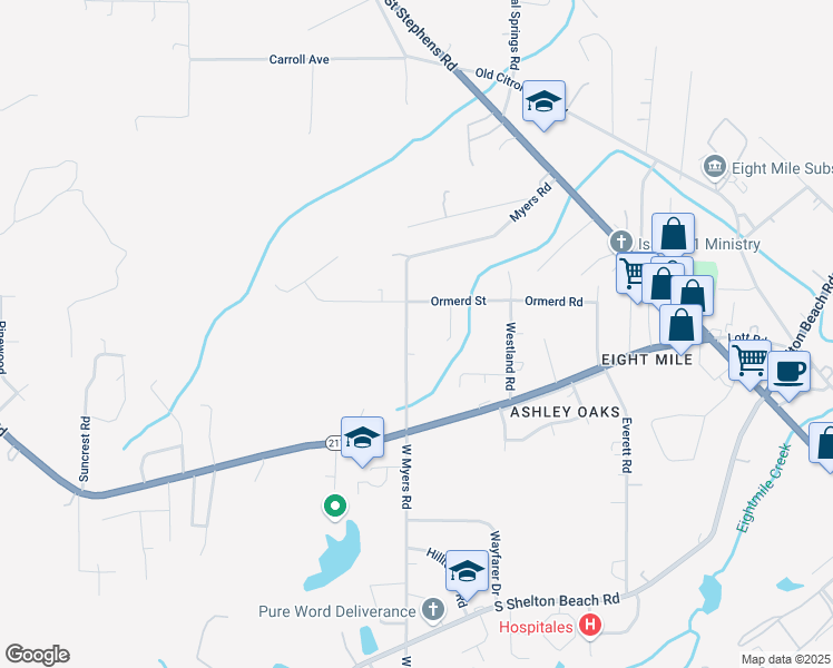 map of restaurants, bars, coffee shops, grocery stores, and more near 4936 Myers Road in Prichard