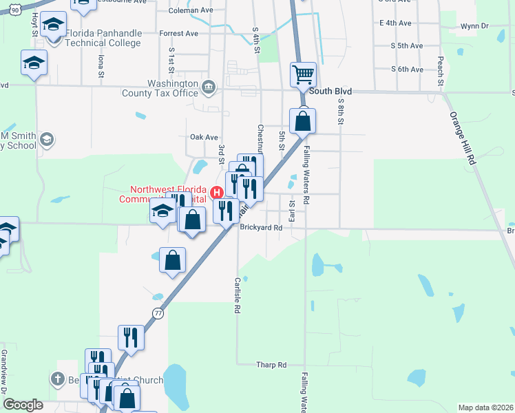 map of restaurants, bars, coffee shops, grocery stores, and more near 1243 Main Street in Chipley