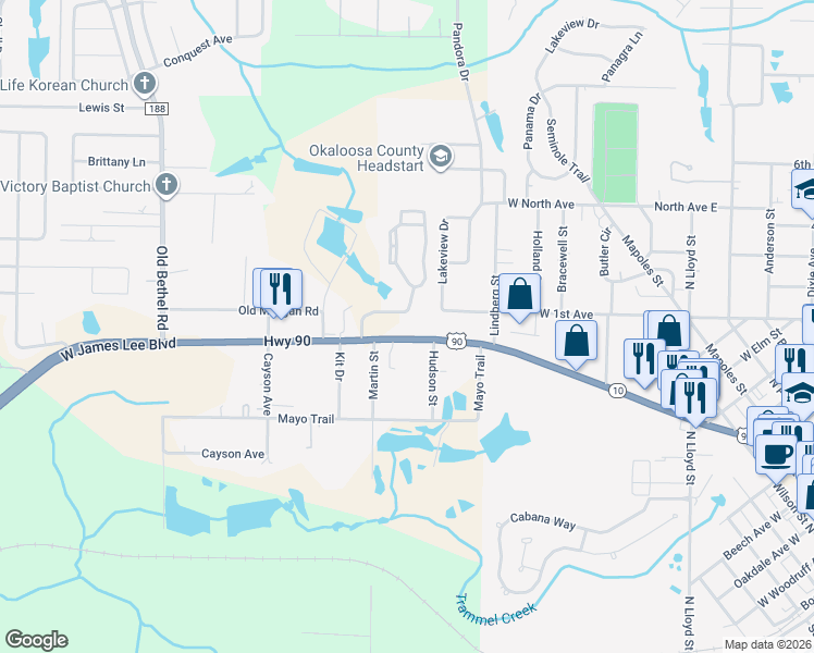 map of restaurants, bars, coffee shops, grocery stores, and more near 633 West James Lee Boulevard in Crestview