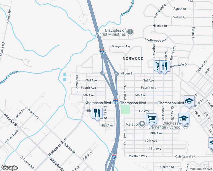 map of restaurants, bars, coffee shops, grocery stores, and more near 502 Erie Street in Mobile