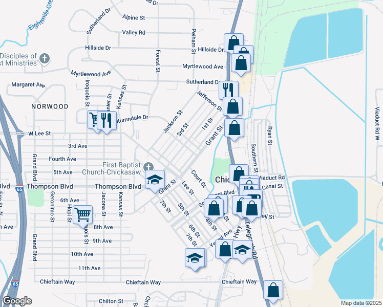 map of restaurants, bars, coffee shops, grocery stores, and more near 213 Grant Street in Chickasaw