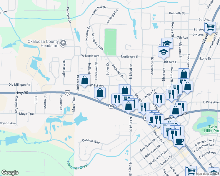 map of restaurants, bars, coffee shops, grocery stores, and more near 220 Coleman Street in Crestview
