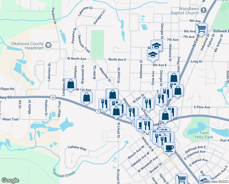 map of restaurants, bars, coffee shops, grocery stores, and more near 125 West 1st Avenue in Crestview