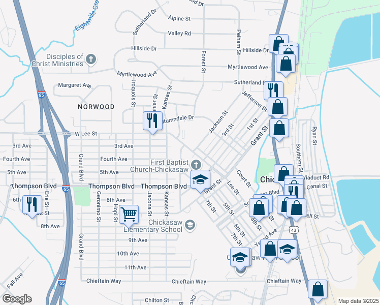 map of restaurants, bars, coffee shops, grocery stores, and more near 82 Lee Street in Chickasaw