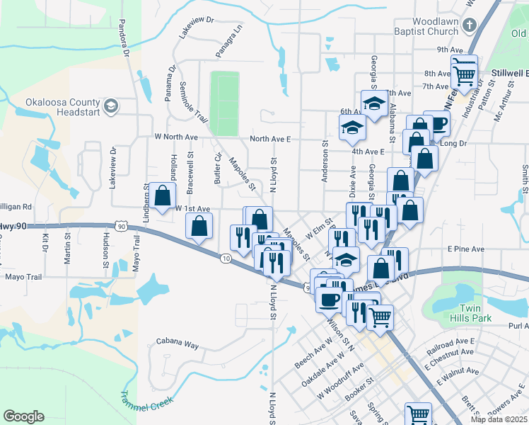 map of restaurants, bars, coffee shops, grocery stores, and more near 122 West 1st Avenue in Crestview