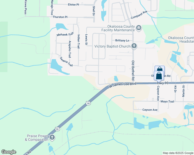 map of restaurants, bars, coffee shops, grocery stores, and more near 5416 Lee Farm Boulevard in Crestview