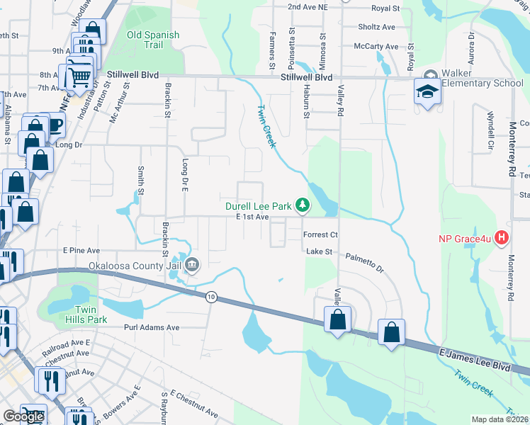 map of restaurants, bars, coffee shops, grocery stores, and more near 224 January Court in Crestview