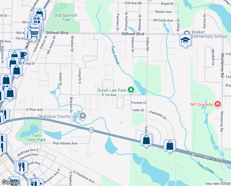 map of restaurants, bars, coffee shops, grocery stores, and more near 1706 East 1st Avenue in Crestview