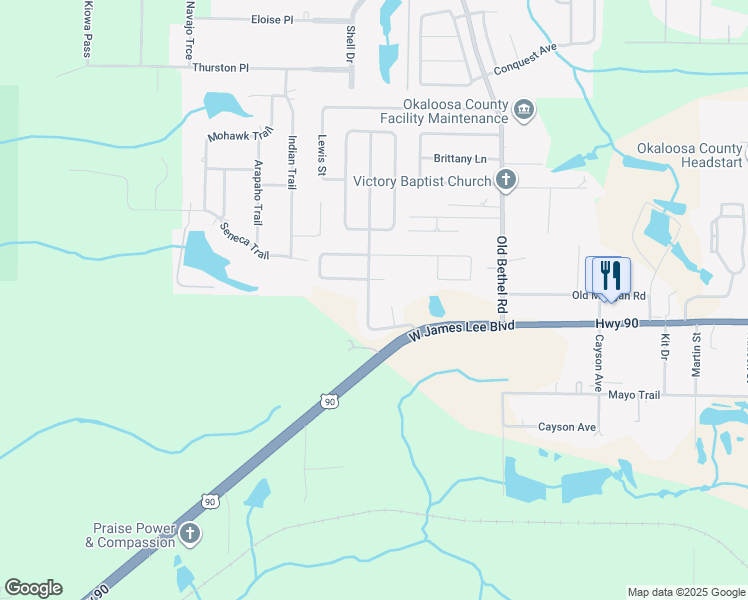 map of restaurants, bars, coffee shops, grocery stores, and more near 5415 Lee Farm Boulevard in Crestview