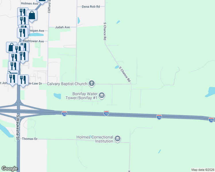 map of restaurants, bars, coffee shops, grocery stores, and more near 801 Son-In-Law Road in Bonifay