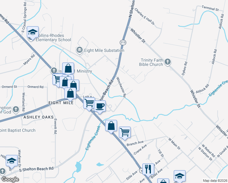 map of restaurants, bars, coffee shops, grocery stores, and more near 4401-4461 Winchester Road in Prichard
