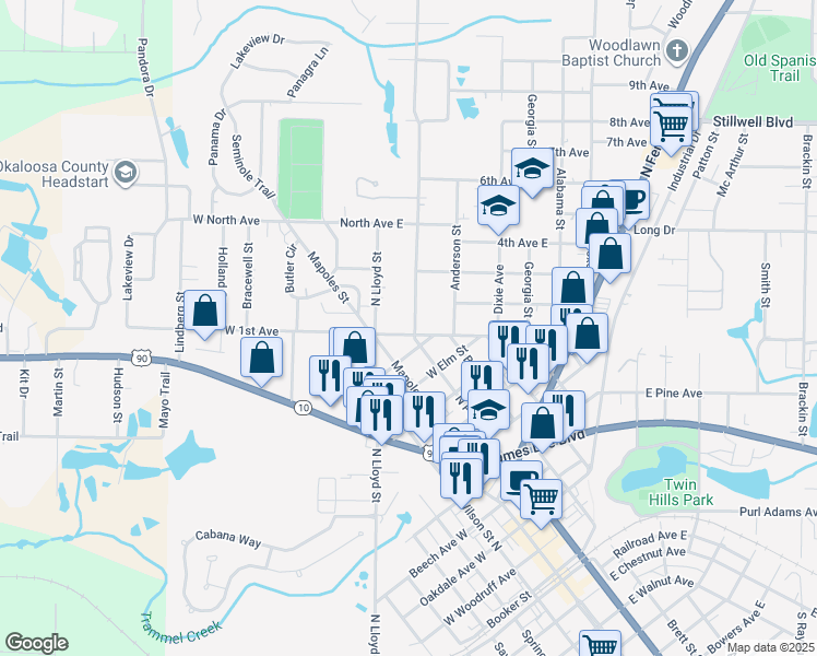 map of restaurants, bars, coffee shops, grocery stores, and more near 1250 North Pearl Street in Crestview