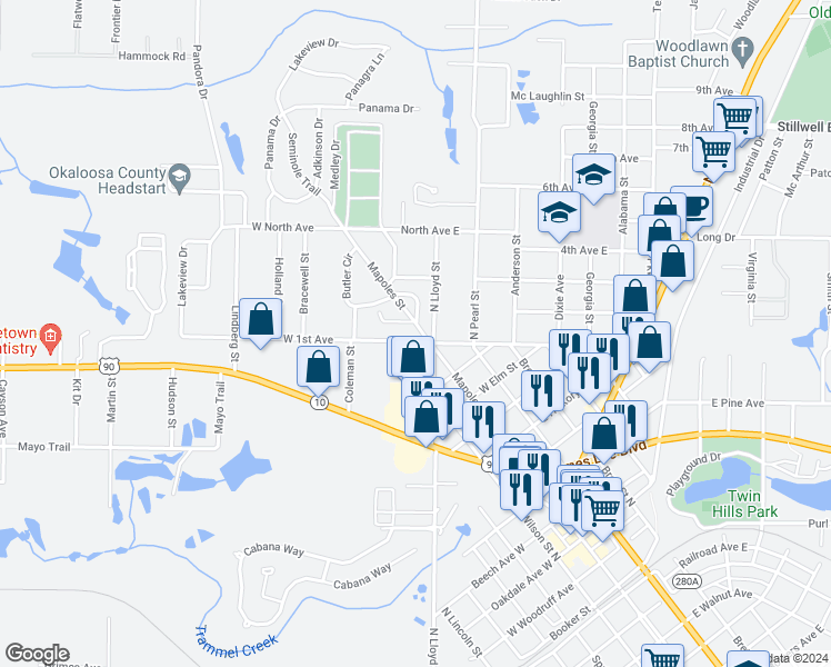 map of restaurants, bars, coffee shops, grocery stores, and more near 122 West 1st Avenue in Crestview