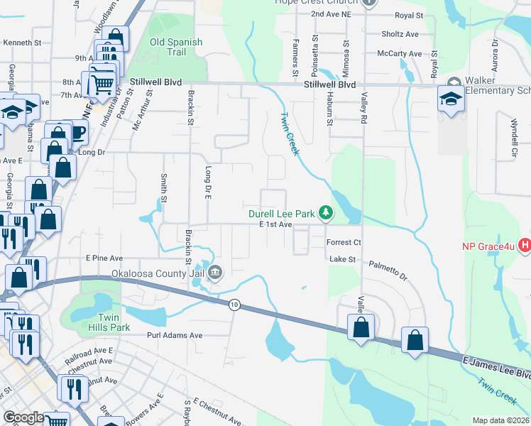 map of restaurants, bars, coffee shops, grocery stores, and more near 101 Blaylock Street in Crestview