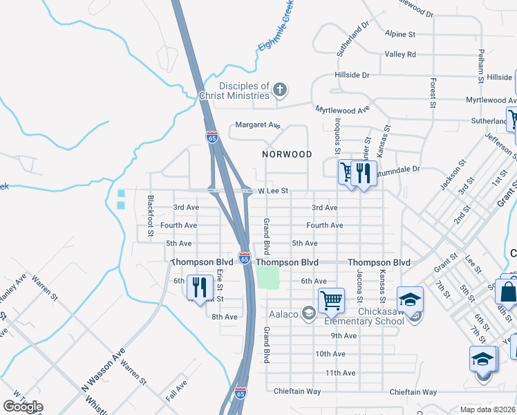 map of restaurants, bars, coffee shops, grocery stores, and more near 355 3rd Avenue in Chickasaw