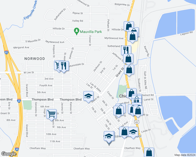 map of restaurants, bars, coffee shops, grocery stores, and more near 214 3rd Street in Mobile