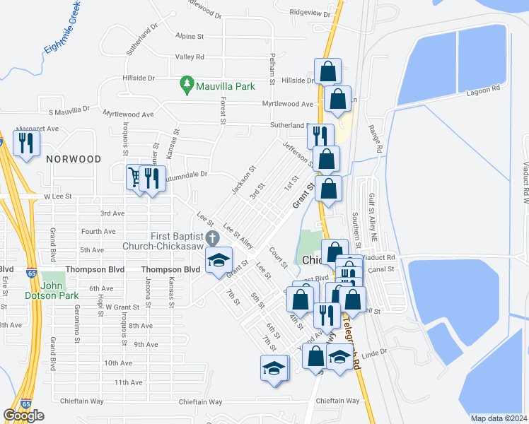 map of restaurants, bars, coffee shops, grocery stores, and more near 232 2nd Street in Chickasaw