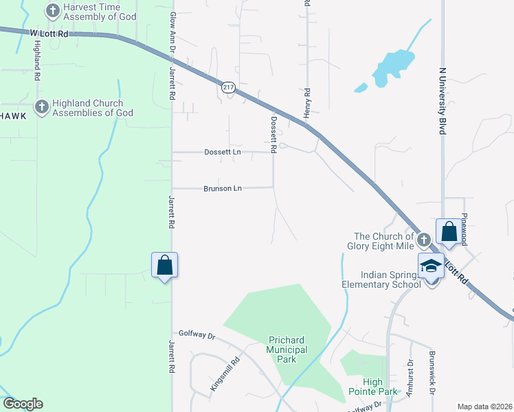 map of restaurants, bars, coffee shops, grocery stores, and more near 5407 Dossett Rd in Prichard
