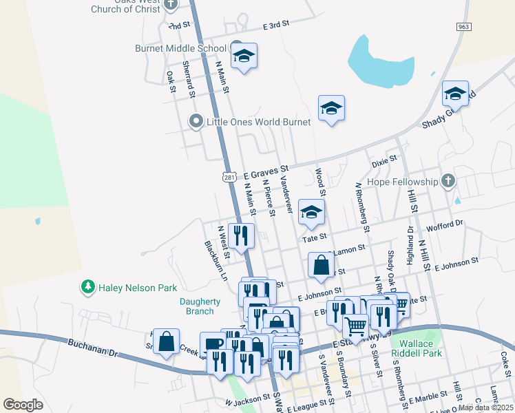 map of restaurants, bars, coffee shops, grocery stores, and more near 108 East Taggard Street in Burnet