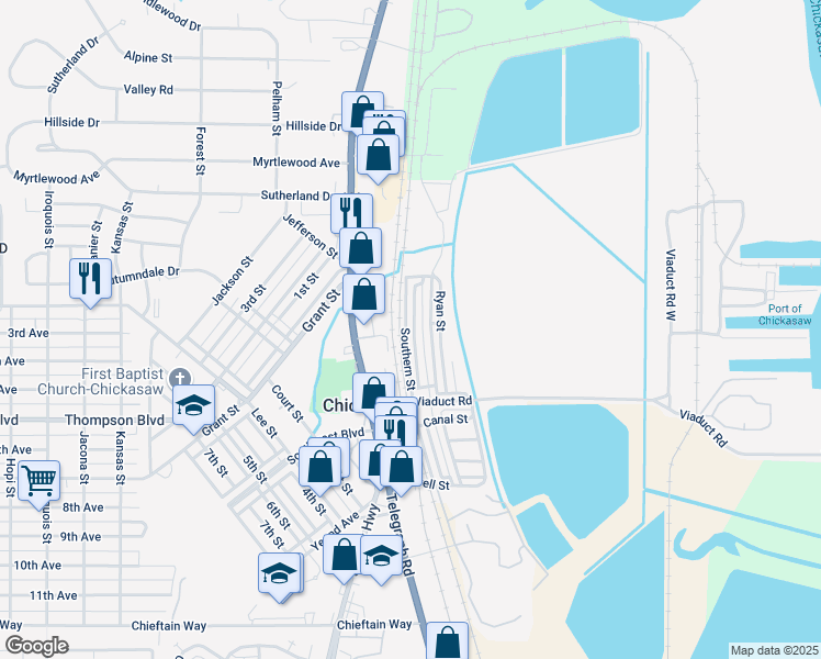 map of restaurants, bars, coffee shops, grocery stores, and more near 53 Gulf Street in Chickasaw