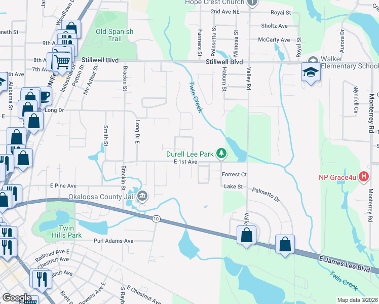map of restaurants, bars, coffee shops, grocery stores, and more near 151 June Court in Crestview