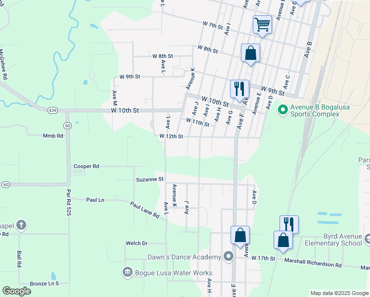 map of restaurants, bars, coffee shops, grocery stores, and more near 1221 Avenue J in Bogalusa