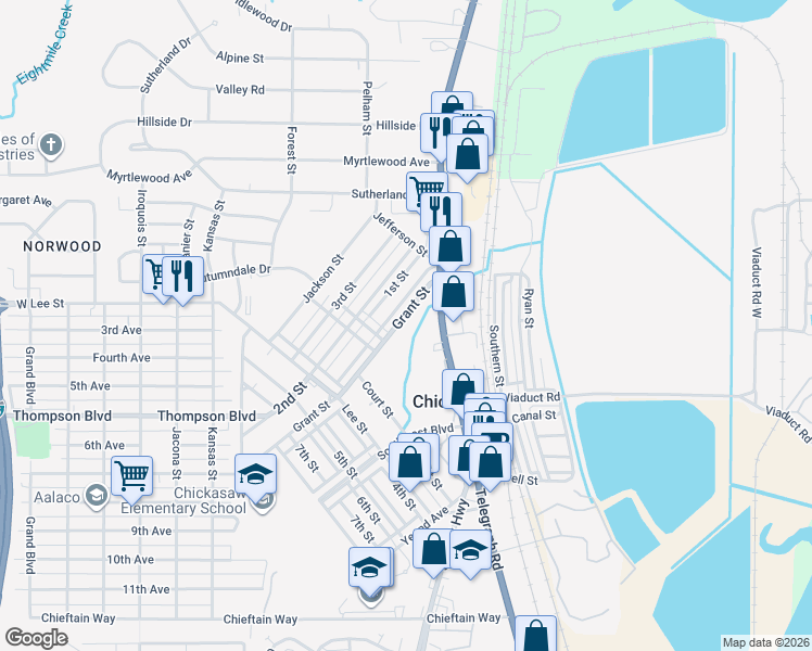 map of restaurants, bars, coffee shops, grocery stores, and more near 305 Grant Street in Chickasaw