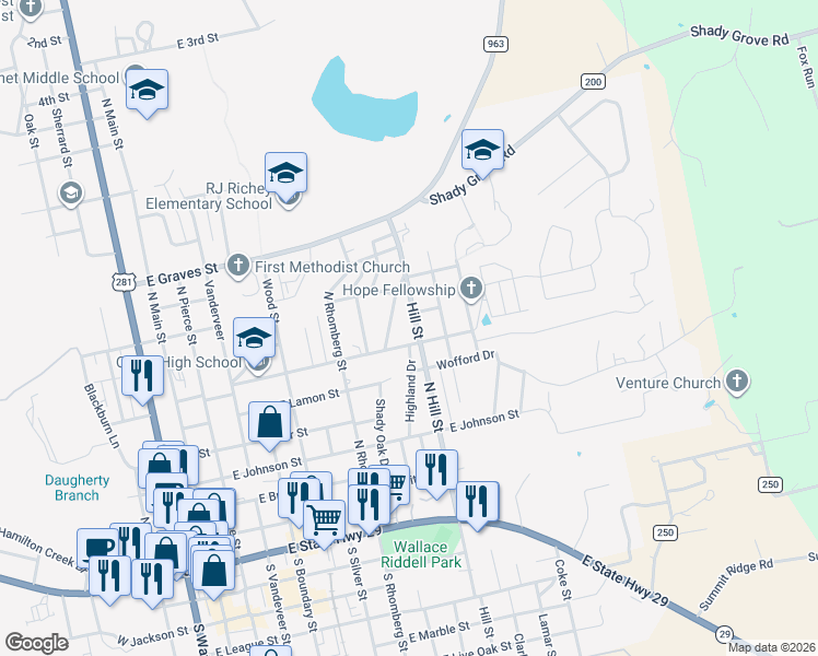 map of restaurants, bars, coffee shops, grocery stores, and more near 702 N Hill St in Burnet