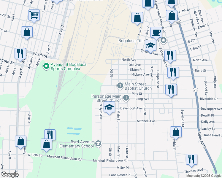 map of restaurants, bars, coffee shops, grocery stores, and more near 828 Grove Avenue in Bogalusa