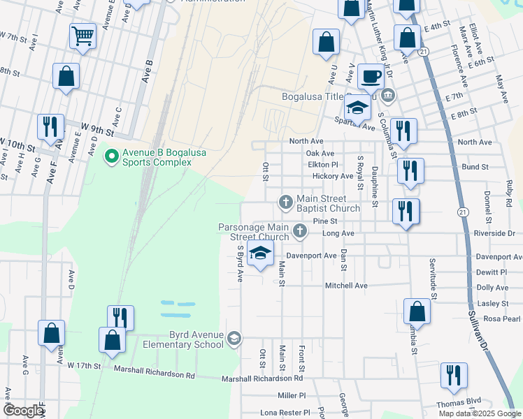 map of restaurants, bars, coffee shops, grocery stores, and more near 828 Grove Avenue in Bogalusa