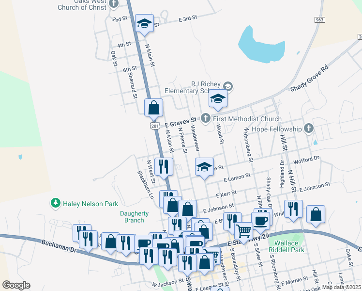 map of restaurants, bars, coffee shops, grocery stores, and more near 108 East Taggard Street in Burnet